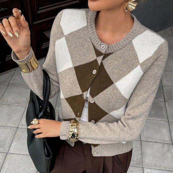 Sweaters - Multicolor Casual Women's Collegiate Patchwork Argyle Long Sleeve Cardigan